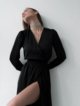 Long Dress Slit Deep v-Neck Temperament Elegant Casual Solid Color Long-Sleeved Robe Female With Belt For Party 2023 Fashion