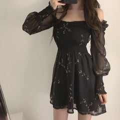 Korean Vintage Flower Black Dress Women Long Puff Sleeve Chiffon Spring Dresses Casual Mini Dress Vestidos Mujer Clothes