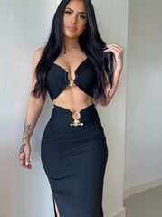 2023 Summer Cut Out Long Dress Black Sleeveless Women Metal Sexy Backless Halter Neck Maxi Dresses Party Club Clothes