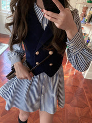 Autumn Sweet Striped Dress Women College Style Loose Casual Mini Dress Female Long Sleeve Single-breasted Chic Korean Dress 2023