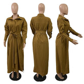 Fashion Long Sleeve Turn-down Neck Trench Style Maxi Long Dress for Women 2022 Autumn Winter Streetwear Dresses Vestidos