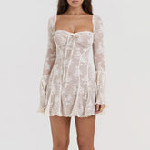 Elegant Birthday Short Dress Women's Square Collar Lace Patchwork Full Sleeve Party Mini Dresses Fairycore Aesthetic