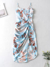 Women Vintage Yellow Tie dye Flower print Spaghetti Strap Dress Hem Slim Waist Slit Irregular Long Dresses Sling Vestido