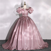 Hoobd Classic Satin Quinceanera Dresses Puff Sleeve V-neck Ball Gown Simple Party Dress Elegant Prom Formal Vestidos Real Photo