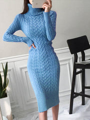 Women's New Knitted Turtleneck Long Sleeve Slim and Slim Mid-length Over-the-knee Dress In Autumn Winter White Dress Sweater Top