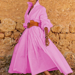 Hoobd2023 Chic Solid Color Lapel Shirt Dress Women Spring Button-up Long Pullover Dress New Autumn Long Sleeve Hem Pleated Maxi Dress