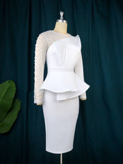 Hoobd Women White Party Dress Sexy Long Sleeve Beading Mesh Patchwork Peplum Elegant Knee Length Christmas Event Evening African Gowns
