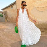 V-neck open back sleeveless halterneck dress