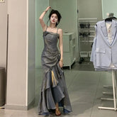 Korean Vintage Velvet Long Dress Women Luxury Slim Mermaid Spaghetti Strap Floral Dress Elegant Sexy Casual Evening Party Dress