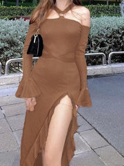 Autumn Elegant Flare Long Sleeve Off Shoulder Long Dresses for Women Sexy Halter Bandage Ruffles Split Fashion Party Dress
