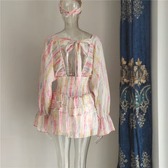 2023 Summer Holiday Vocation Long Sleeve Sexy V-neck Ruffled A-line Beach Playsuit with Headband