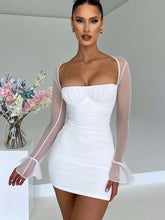 Elegant Backless Sexy Mini Dress For Women Robe Two Layer Mesh Full Sleeve Zipper Bodycon Party Short Dress Vestido