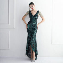 Elegant Women Beading Sleeve Long Prom Mermaid Dress Sexy Deep V Neck Sequin Evening Party Maxi Dress