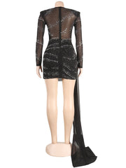 Beautiful Rhinestones Long Straps Mini Dress Womens New Chic Cut-Out Sheer Mesh Sequins Party Dresses Christmas Outfits