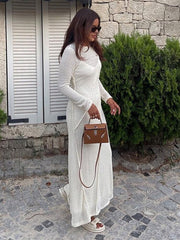 Woman Elegant Solid Full Sleeve Dresses 2023 Summer Female O-Neck Backless Streetwear Long Robe Ladies Fashion Belt Slim Dress