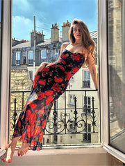 Floral Print Sleeveless Bandage Straps Slip Dress Women Elegant Backless Slim Midi Dresses 2023 Summer Casual Holiday Vestidos