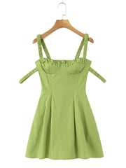 2023 Women Elastic Double Strap Sling Sexy Dress Summer Ladies Ruched Chest Corset Style Slim Waist Pleated A-line Mini Robe