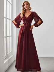 Elegant Evening Dresses Long Lantern Sleeves V-neck 2023 ever pretty of A-LINE Chiffon Burgundy flower beltbelt Prom Dress Women