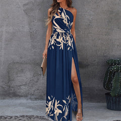 2023 Summer Women One Shoulder Floral Print Maxi Dress Girls High Slit Long Dresses Asymmetric Party Dresses Vestidos De Fiesta