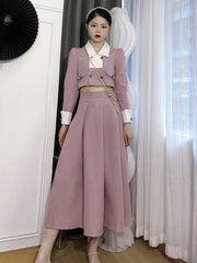 High Quality French Vintage 2 Piece Set Women Long Sleeve Crop Top + Long Skirt Suits Korean Elegant Temperament Two Piece Sets