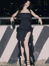 Black Strapless Midi Dress Women Fashion Irregular Ruffles Y2K Fairy Dress Sexy Backless Split Party Club Outfits 2024 Summer