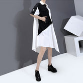 Holes Contrast Color Design Black White Patchwork Woman Summer Casual Asymmetrical Shirt Dress Big Size Loose Fit Style LLMD004