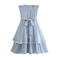 Hoobd New Women With Belt Blue Strapless Sexy Dress Sleeveless Elegant Ladies Mini Dresses