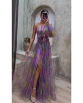 Elegant Tie-dye Print Dress Women Fashion Oblique Shoulder Pleated Long Dresses 2023 Summer Autumn Lady Party Evening Vestidos