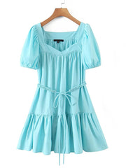 Hoobd New Women Vintage Drawstring Waist Sky Blue Dress Puff Short Sleeve Ladies Holiday Summer Casual Dress Short Vestido
