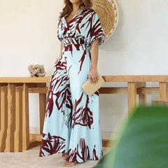 Women Two Piece Set Summer Fashion Print Short Sleeve V Neck Top Wide Legs Loose With Pockets Pantes Sets Streetwear