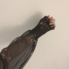 Autumn Womens Sexy Black Dress Vintage Flower Long Puff Sleeve Chiffon Dresses Korean Casual Mini Vestidos Mujer Clothes 13676