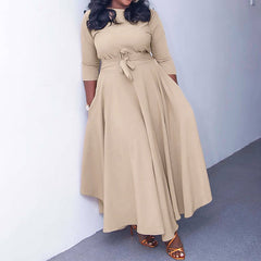 Autumn Winter Plus Size Women Clothes Solid Color Fashion Round Neck Bandage Three Quarter Sleeve Higt Waist Elegant Maxi Dress