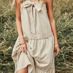 Khaki Bow Spaghetti Strap Cotton Linen Long Dress Ladies Sexy Backless Pleated Boho Dress Summer Ruffle Slim Casual Beach Dress