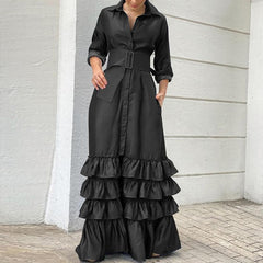 Hoobd Retro Turn-down Collar Long Sleeve Belt Dress Women Fashion Layered Ruffle Cake Dress Fall Single Breasted Elegant Party Dresses