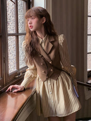 Autumn Sweet Striped Dress Women College Style Loose Casual Mini Dress Female Long Sleeve Single-breasted Chic Korean Dress 2023