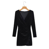 Hoobd New Spring 2023 Women Long Sleeve V Neck Ruched Velvet Mini Dress Vintage Ladies Sexy Vestido