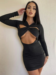 Autumn Hollow Out Mini Dress For Women Fashion Robe Black Long Sleeve Bodycon Ruched Short Dress Vestido