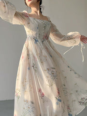 French Elegant Floral Dress Office Lady Long Sleeve Beacht Style Even Party Midi Dress Women 2023 Summer Casual Vintage Dress