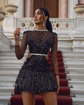 Hoobd Cutubly Sexy Nightclub Mini Sparkly Sheer Mesh Lady Elegant NightParty Dress 2023 V-neck Dresses Bodycon Vestidos Clothing Chic