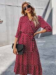 Hoobd Autumn Winter Dot Bandage Dress Women Casual Ruffles V Neck High Waist Slim Print Long Dress New Fashion