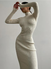 Fashion High-neck Bodycon White Knitted Midi Dresses Women 2022 Autumn Winter Sexy Solid Color High Street Woolen Warm Dress
