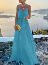 Fashion V Neck Sling Print Party Dress New Summer Elegant Swing Long Dress Women Sexy Sleeveless Belt Bohemian Robe Dresses