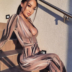 Hoobd Sexy Bandage Dress Waist Illusion Dress 2023 Women V-neck Maxi Dresses Ladies Tie-dye Wave Print Party Dresses Tight Dresses