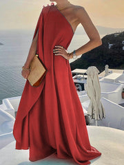 Women Sexy Off Shoulder Boho Long Dress Elegant One Shoulder Loose Party Dress Summer Fashion Button Solid Beach Maxi Dress