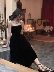 Hoobd Summer Women Elegant Spaghetti Strap Midi Black Velvet Dress Sexy Prom Evening Party Birthday Club Fashion Clothing