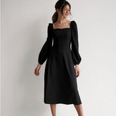 Churses Red Party Dress New Year Fashion a Line Women Dress Puff Sleeve Zipper Square Collar 2023 New Midi Length Autumn Winter