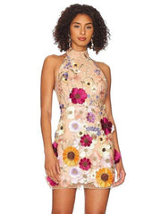 Hoobd Embroidery Slim Backless Mini Dress Spring Summer Women Fashion Sleeveless Short Dresses 2023 Elegant Lady Chic Party Vestidos