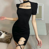 Hoobd New Vintage Black Bandage Sexy Dress Spice Girls Hollow Out Short Sleeve Dress Women's Sweet Spicy Thin Skirt Halloween