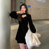 Hoobd Red Velvet Elegant Party Mini Dress Women Sequins Long Sleeve Wram Vintage Dress Ladies Casual Korean A-line Dress 2023 New Year