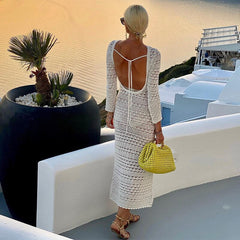 Autumn Lady Chic Crochet Knit Maxi Dress Sexy O-Neck Hollow Out Party Dress Fashion Backless Lace Up Long Sleeve Slim Dress